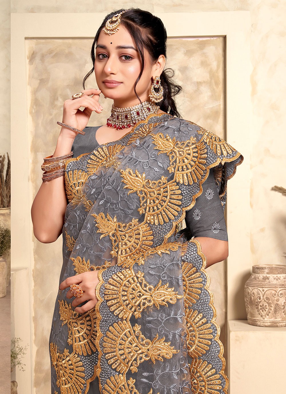 Trendy Embroidered Net Saree - S4963