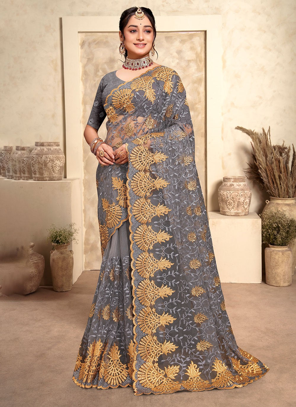 Trendy Embroidered Net Saree - S4963