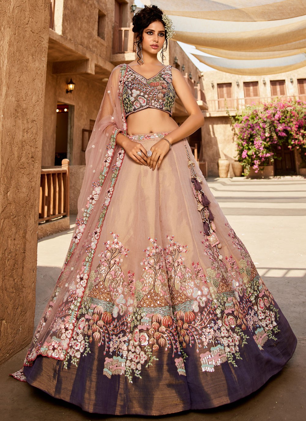 Beads Net Peach Lehenga Choli L3755