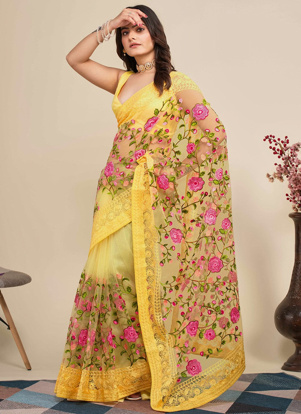 Trendy Embroidered Net Saree - S5091
