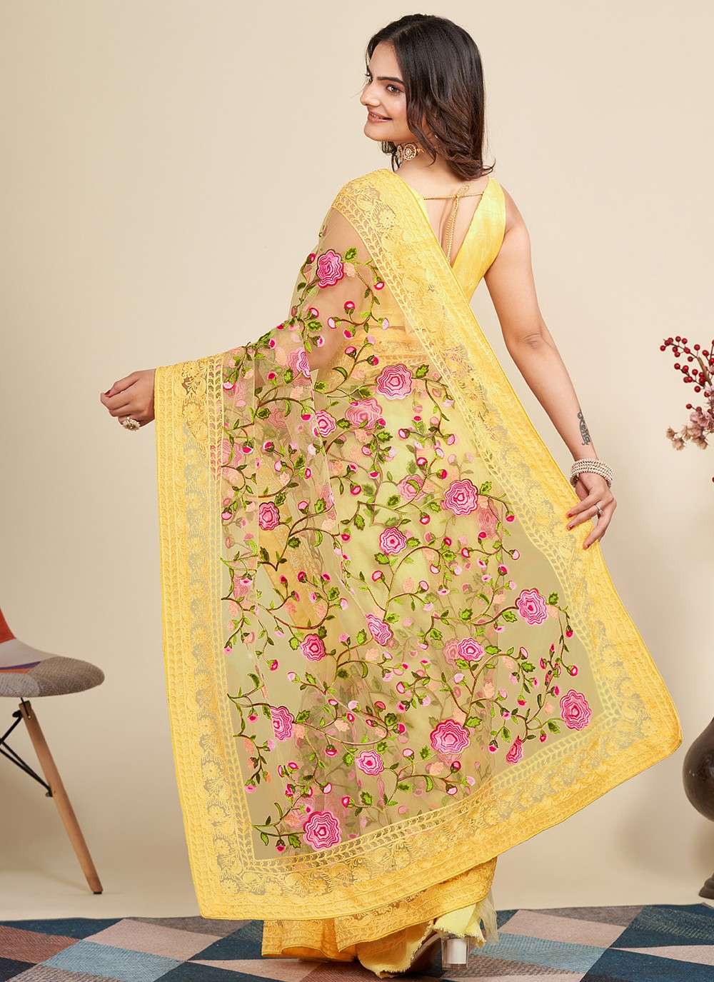 Trendy Embroidered Net Saree - S5091