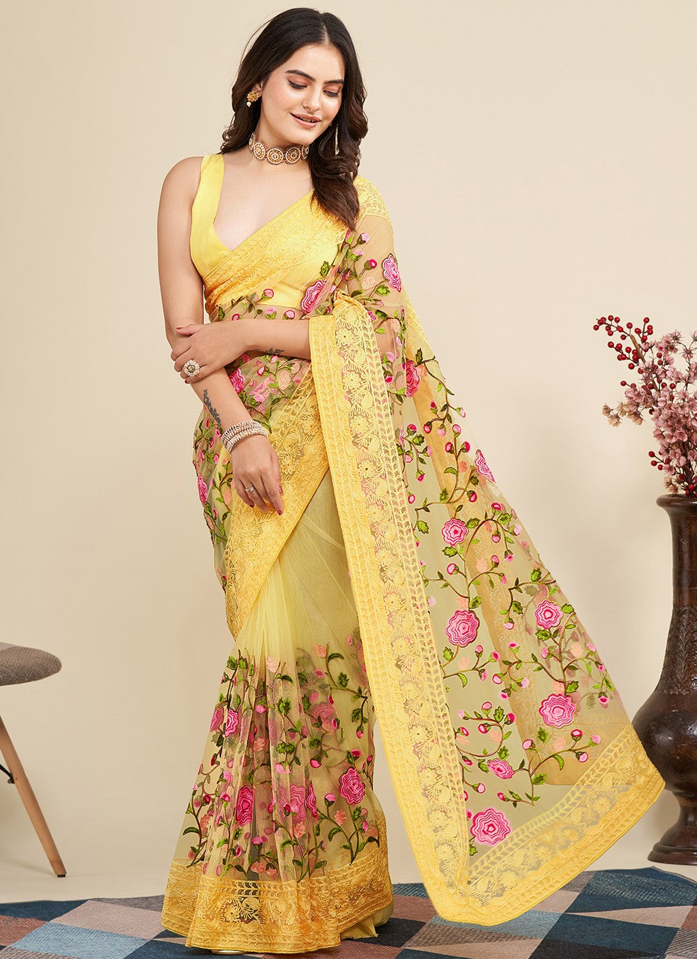 Trendy Embroidered Net Saree - S5091