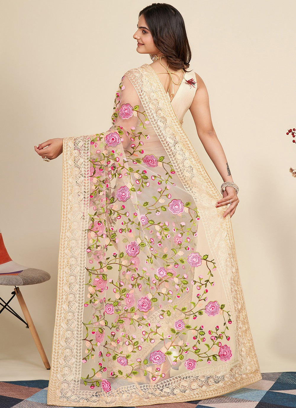 Trendy Embroidered Net Saree - S5091