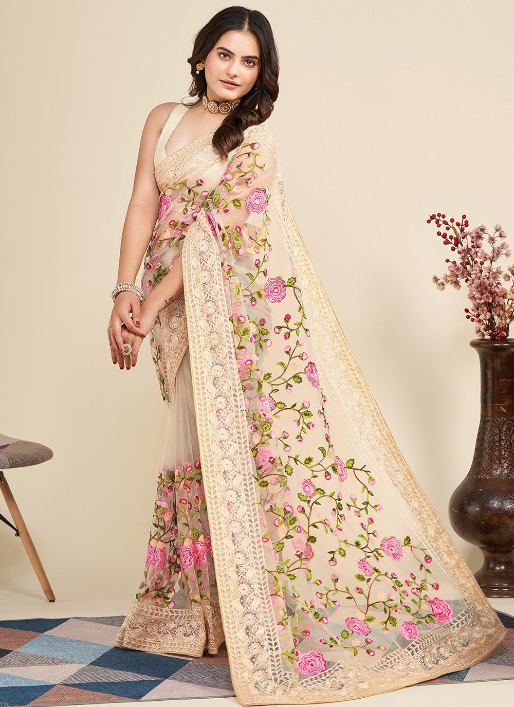 Trendy Embroidered Net Saree - S5091