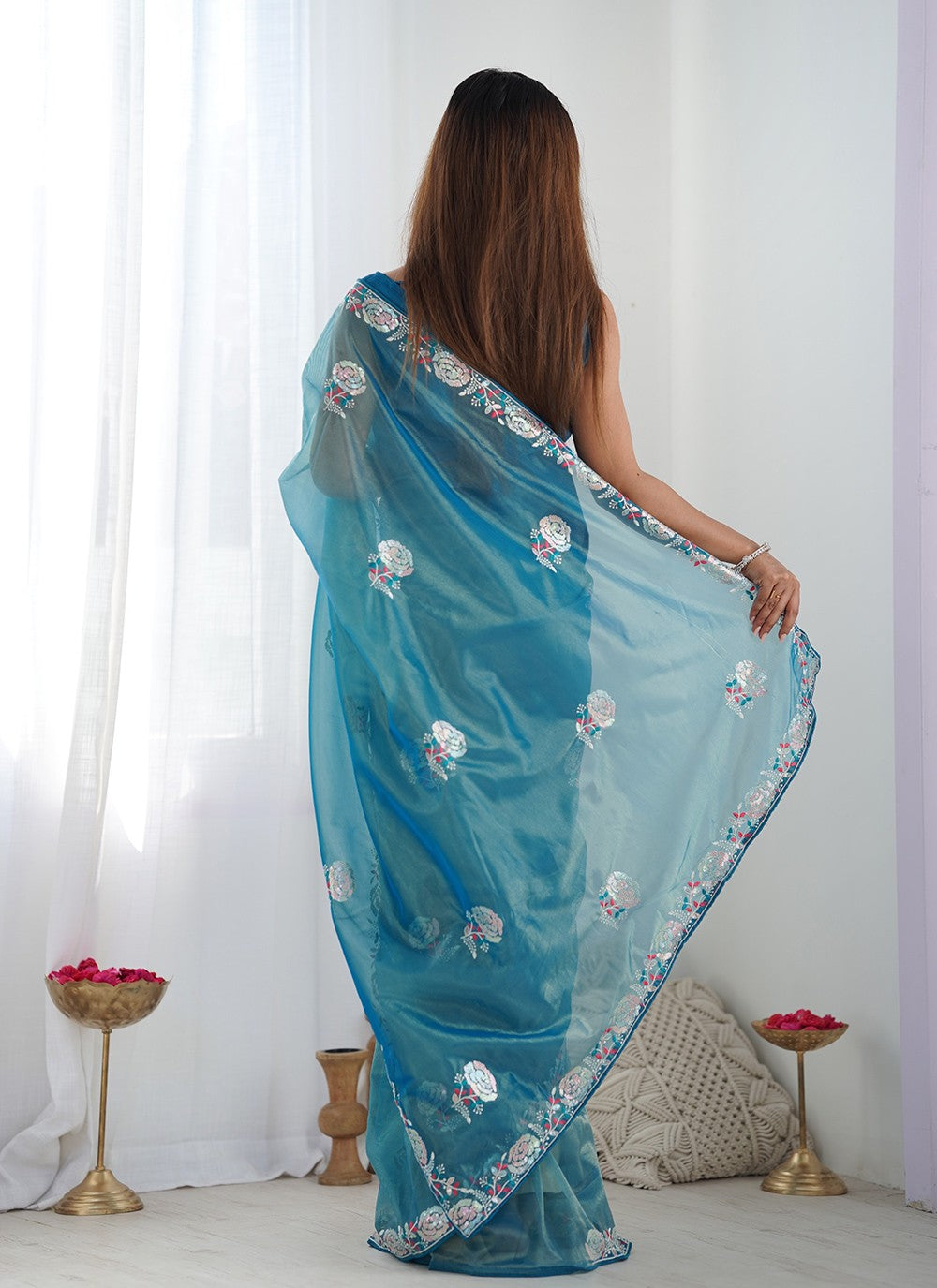 Trendy Saree Embroidered Teal Net S12464