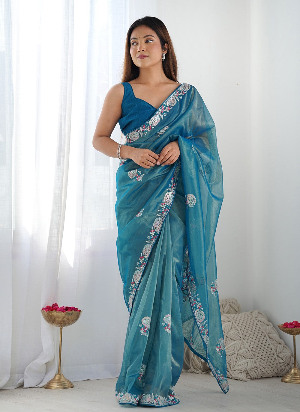 Trendy Saree Embroidered Teal Net S12464