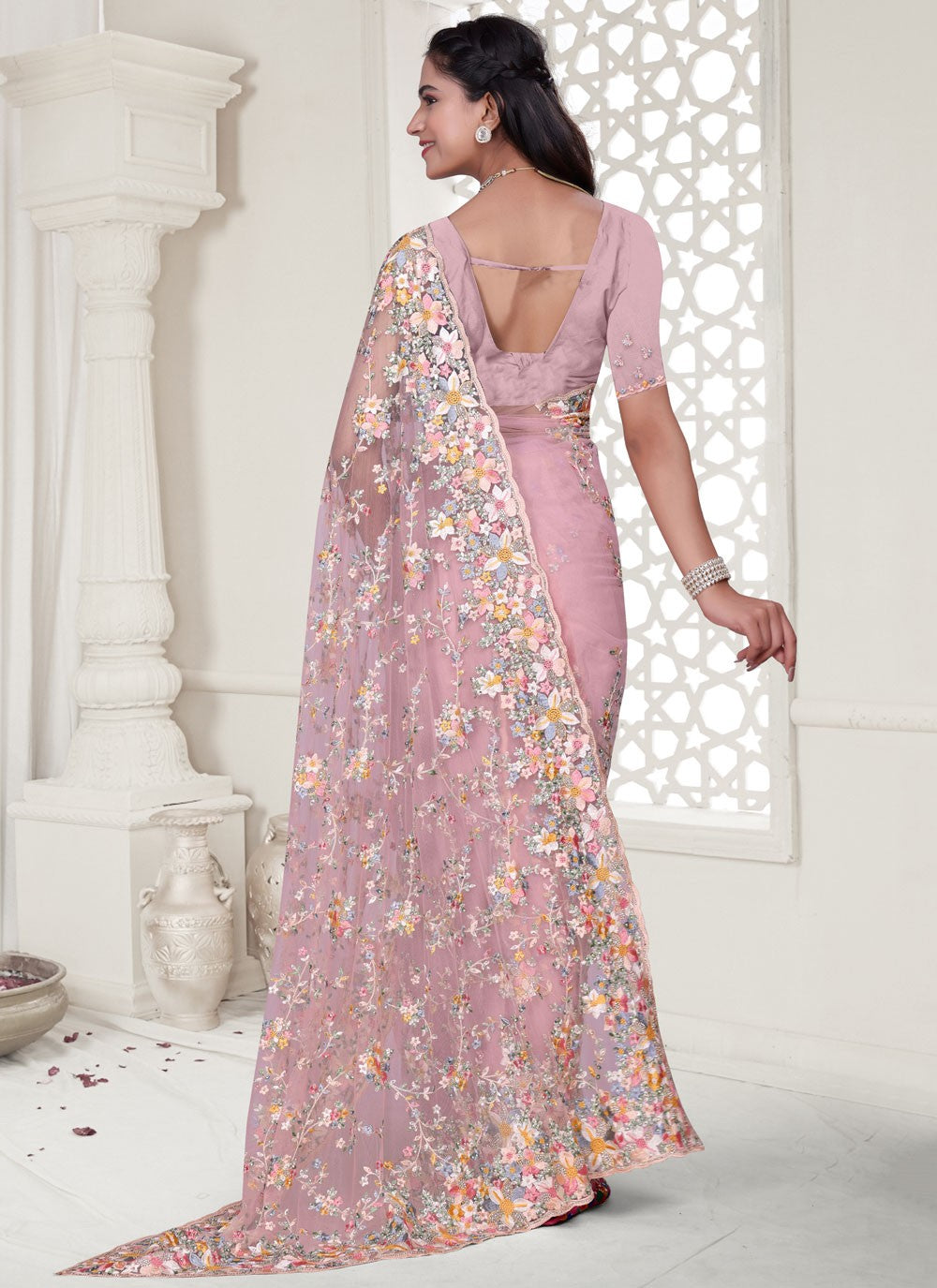 Pink Net Traditional Saree Cut Work, Embroidered, Resham, Stones, Zircon S17806
