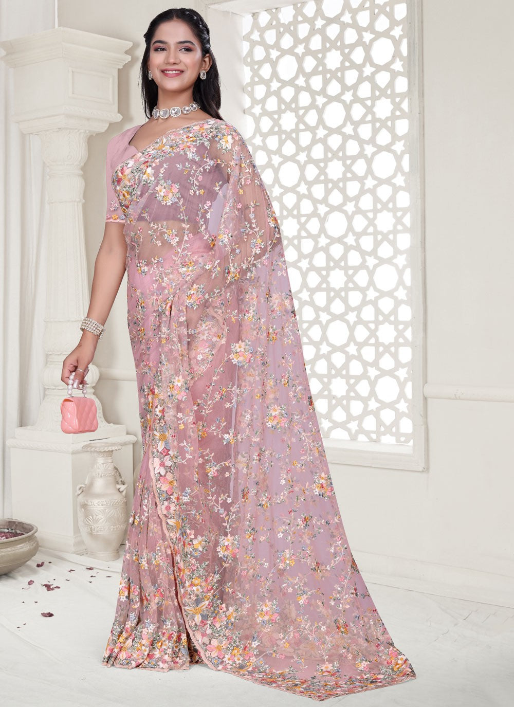 Pink Net Traditional Saree Cut Work, Embroidered, Resham, Stones, Zircon S17806