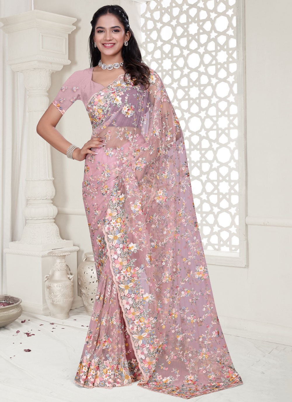 Pink Net Traditional Saree Cut Work, Embroidered, Resham, Stones, Zircon S17806