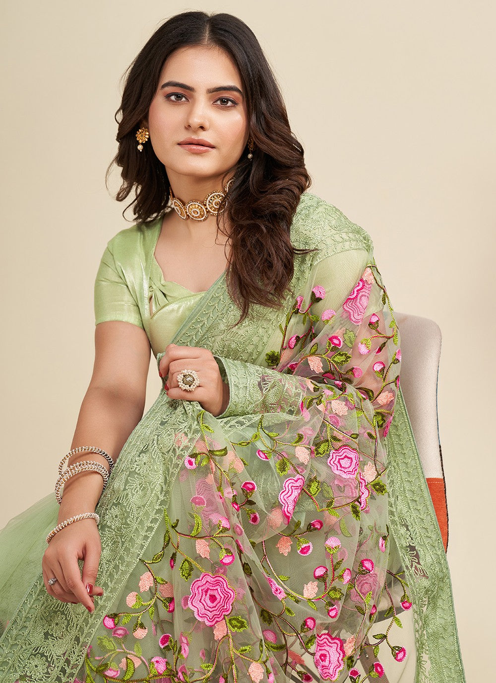 Trendy Embroidered Net Saree - S5091