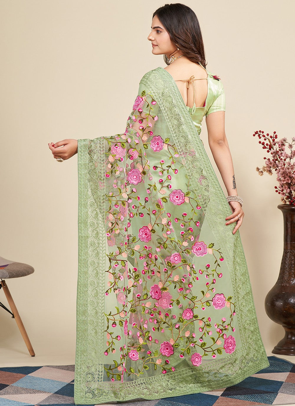 Trendy Embroidered Net Saree - S5091