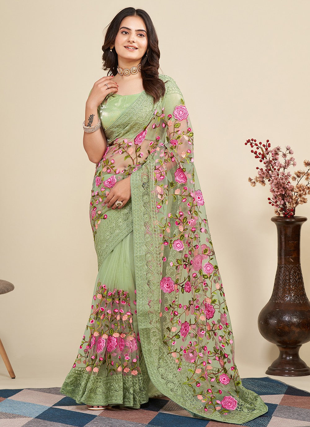 Trendy Embroidered Net Saree - S5091