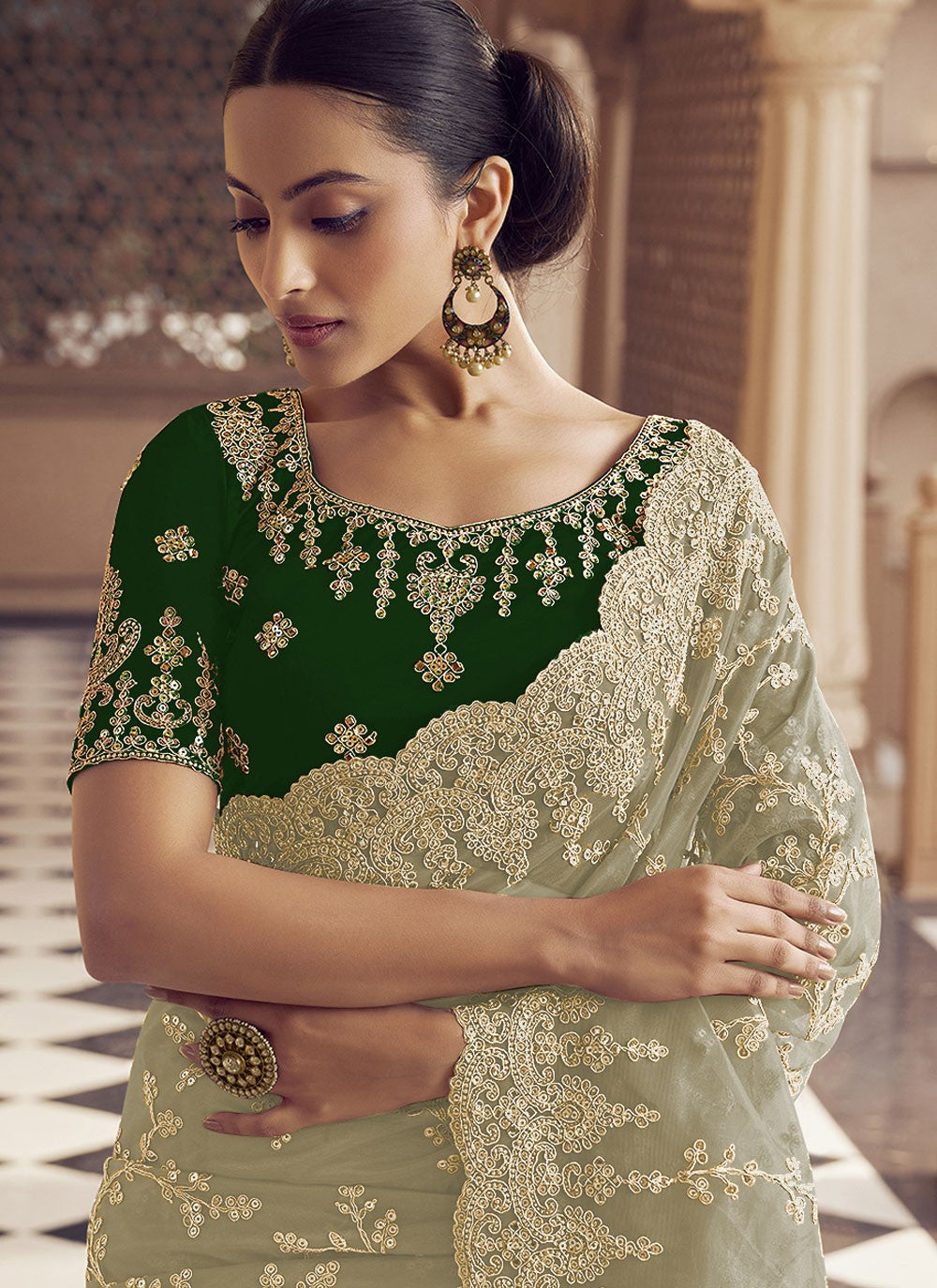 Trendy Saree Embroidered Sea Green Net S12484
