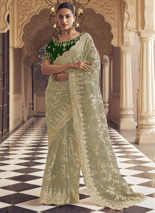 Trendy Saree Embroidered Sea Green Net S12484