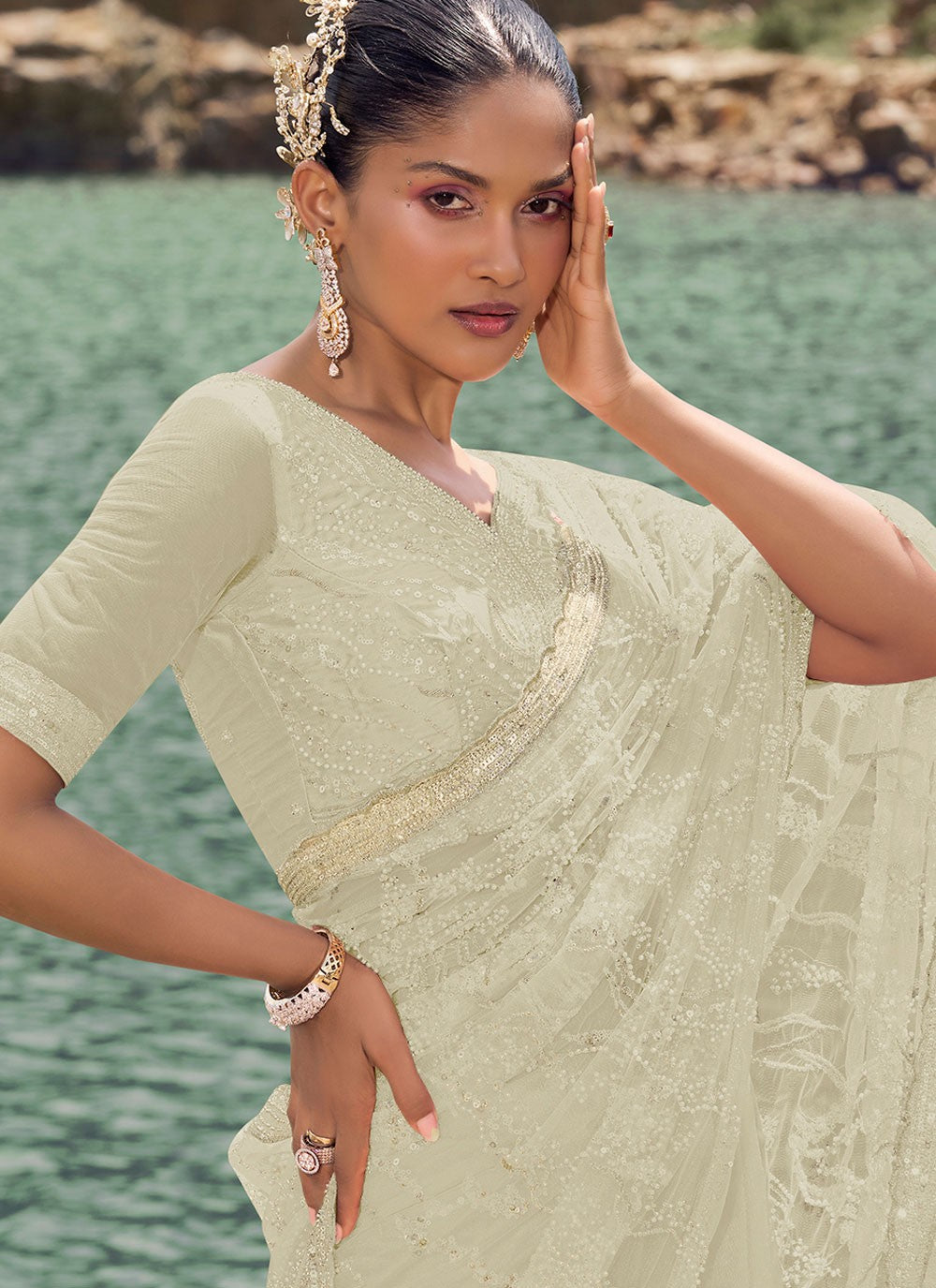 Classic Beads Net Saree - S8180