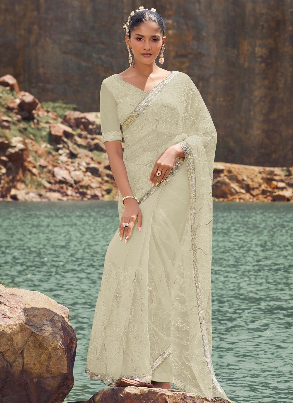 Classic Beads Net Saree - S8180