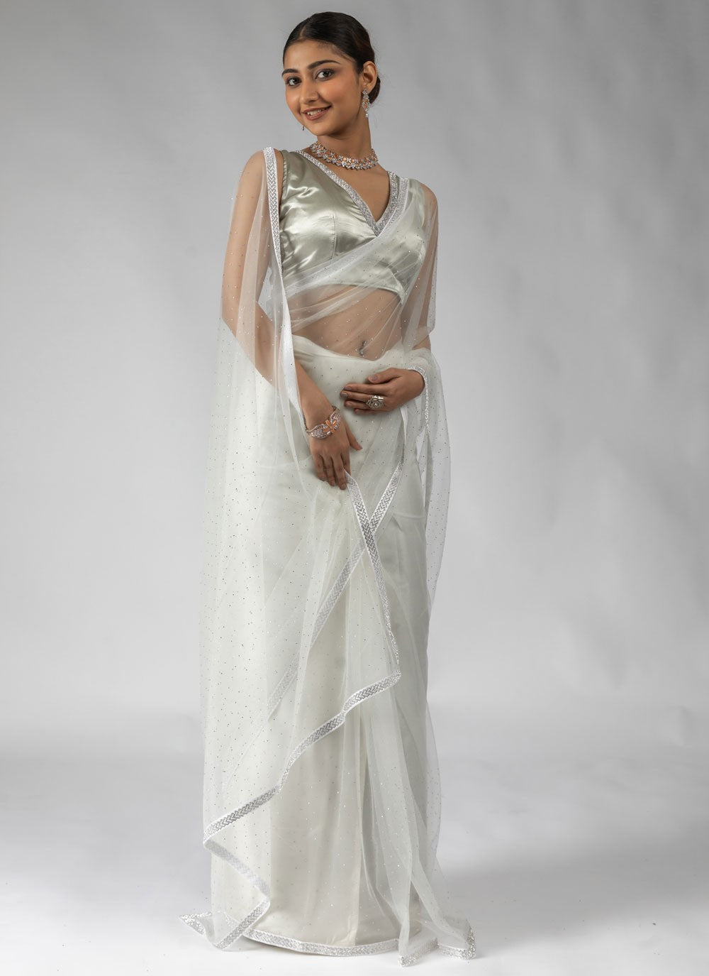 Lace Net White Contemporary Saree S15604