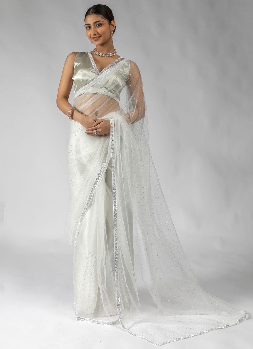 Lace Net White Contemporary Saree S15604