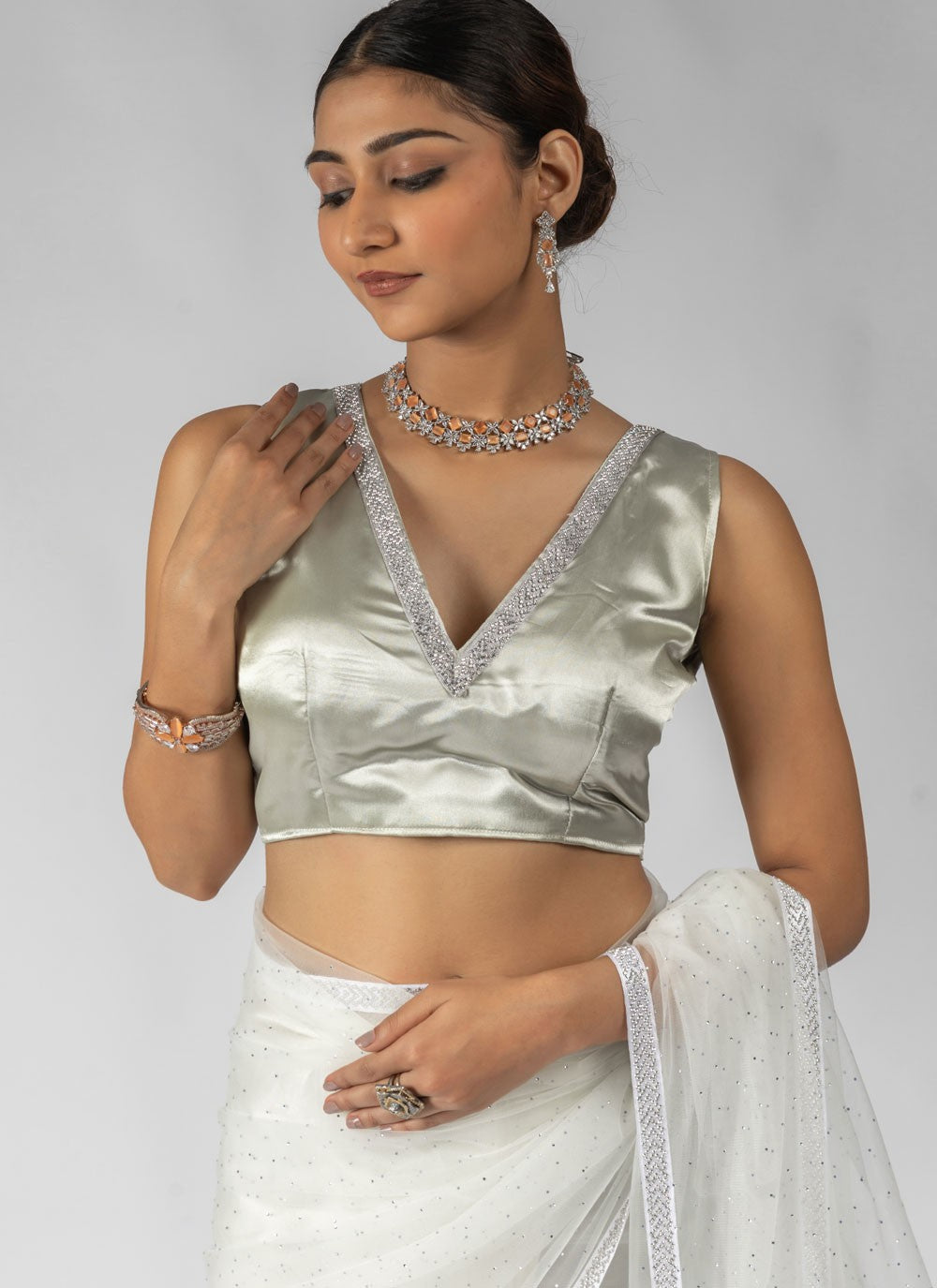 Lace Net White Contemporary Saree S15604