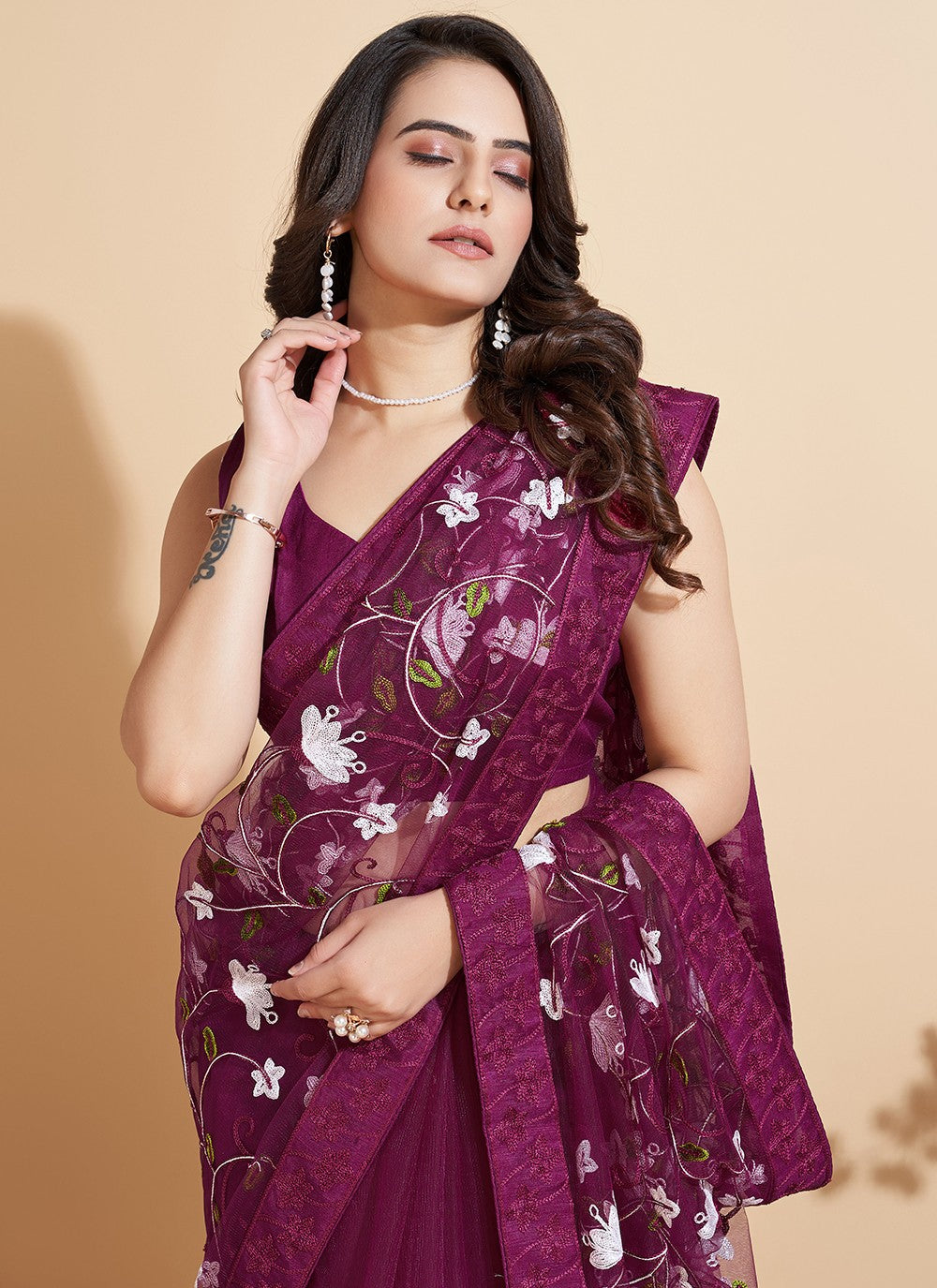 Trendy Embroidered Net Saree - S5235