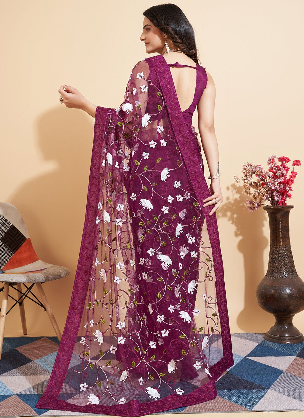 Trendy Embroidered Net Saree - S5235