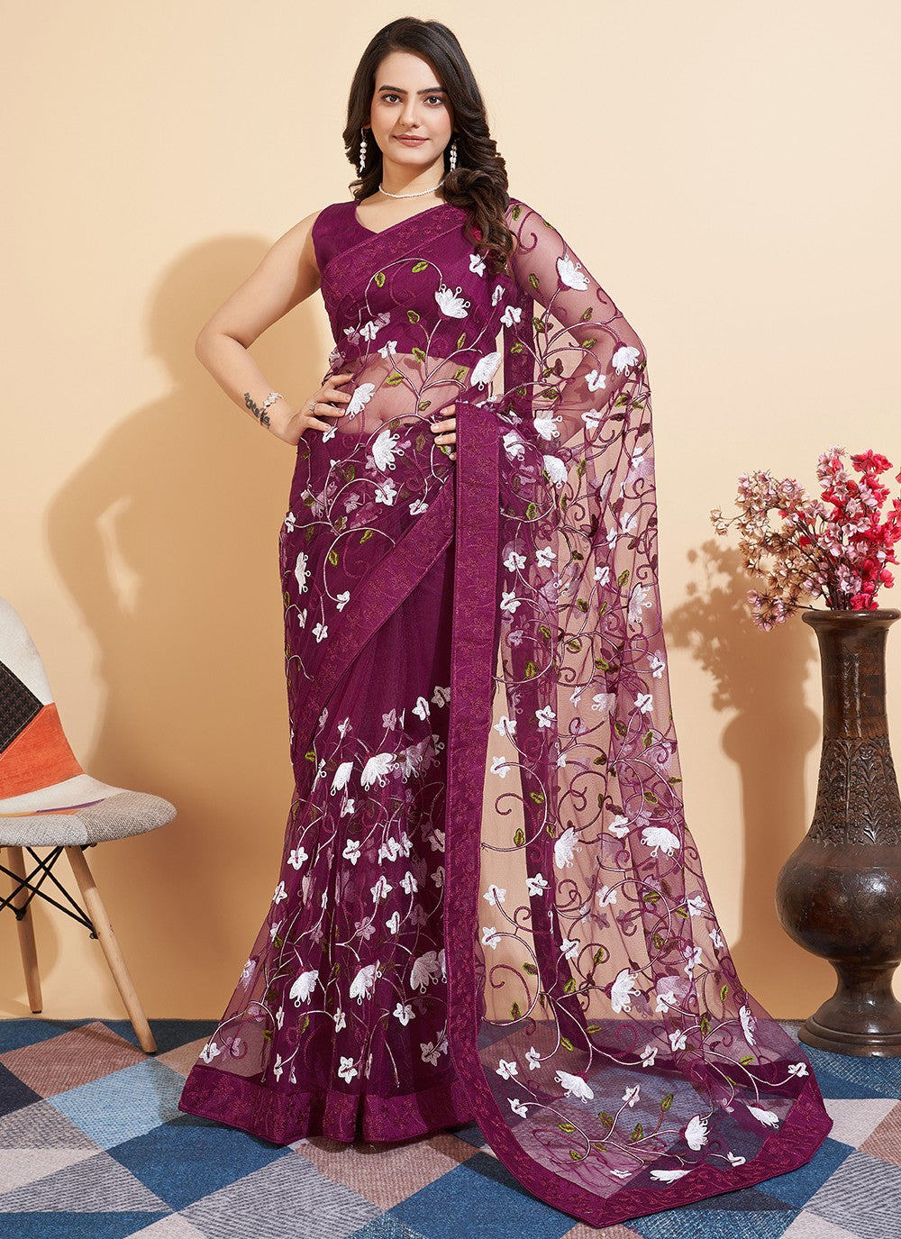 Trendy Embroidered Net Saree - S5235