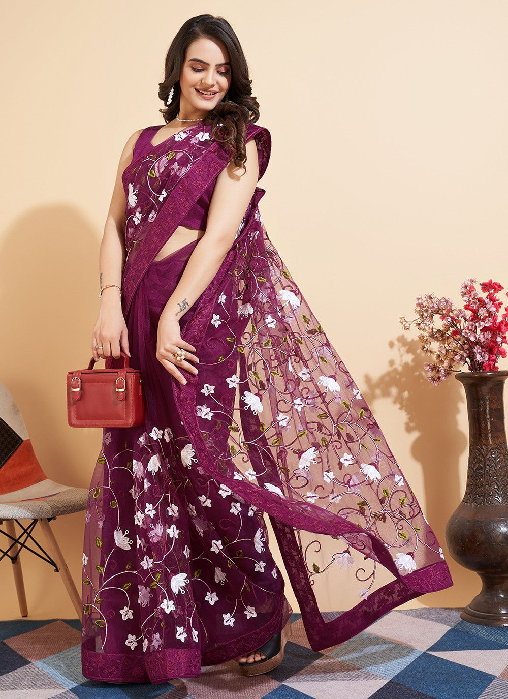 Trendy Embroidered Net Saree - S5235