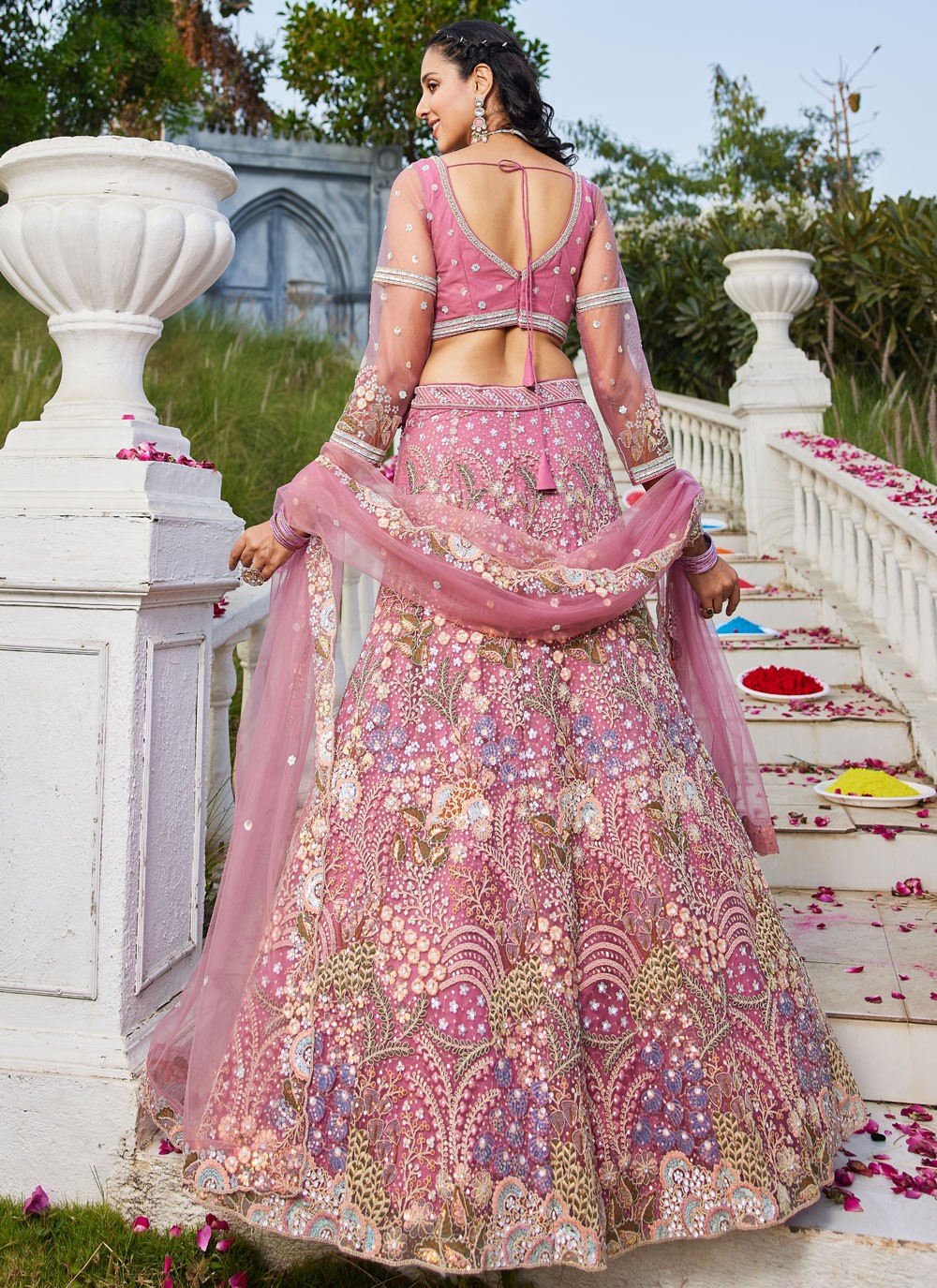 Embroidered Net Pink Lehenga - L3364