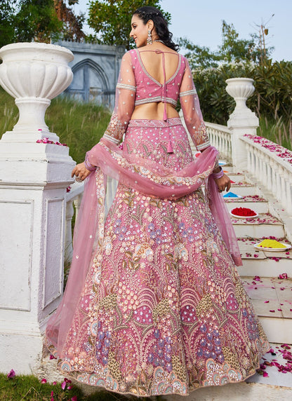 Embroidered Net Pink Lehenga - L3364