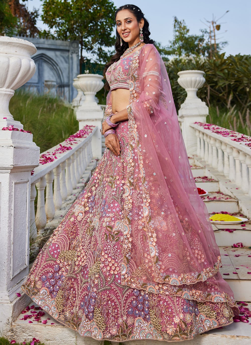 Embroidered Net Pink Lehenga - L3364