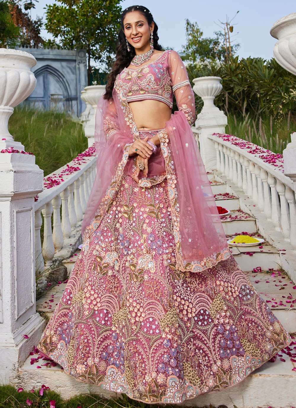 Embroidered Net Pink Lehenga - L3364