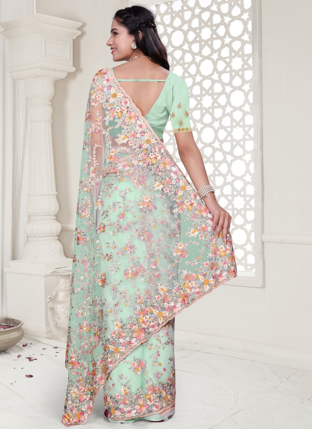 Sea Green Net Classic Saree Cut Work, Embroidered, Resham, Stones, Zircon S17808