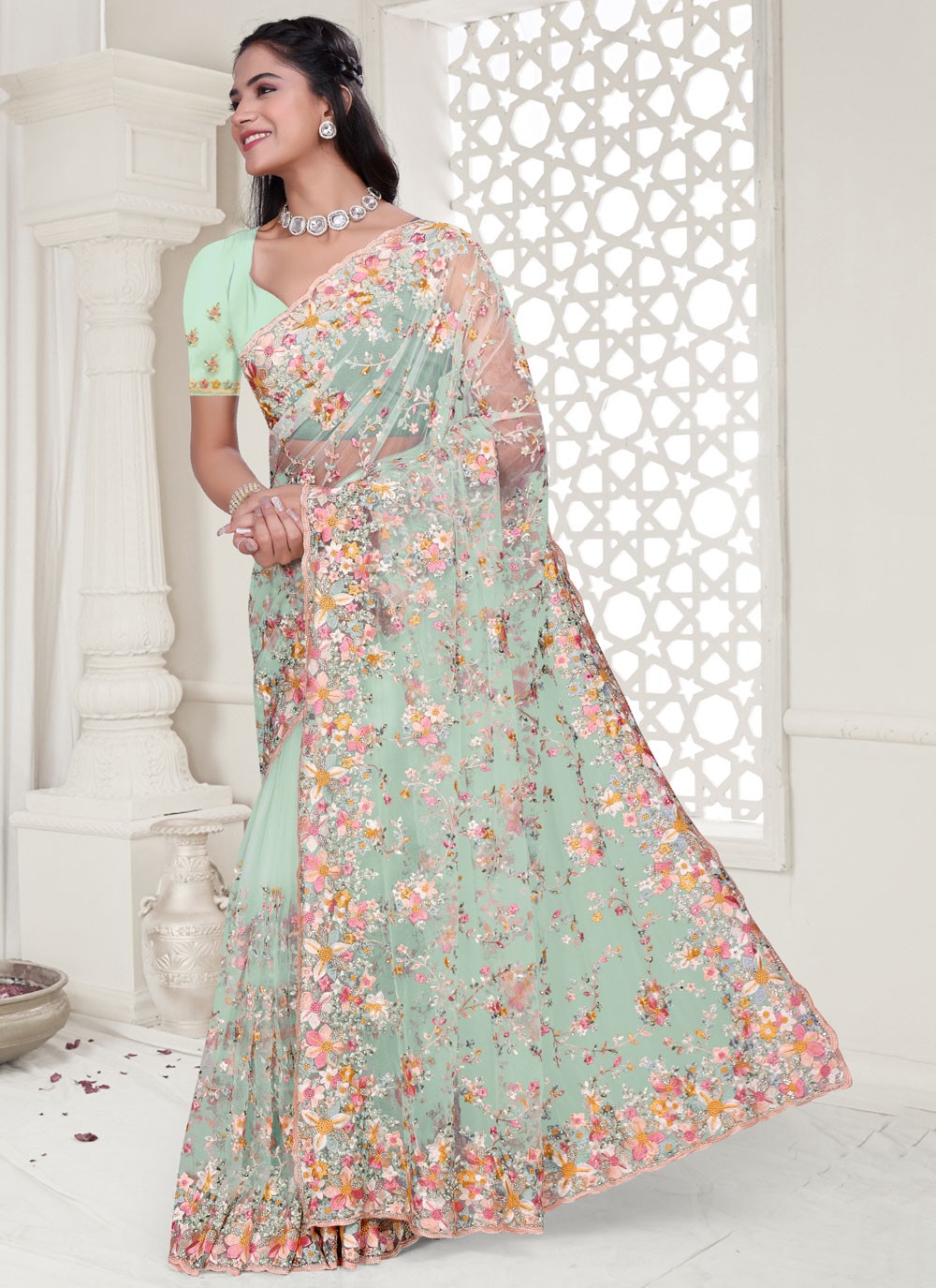 Sea Green Net Classic Saree Cut Work, Embroidered, Resham, Stones, Zircon S17808