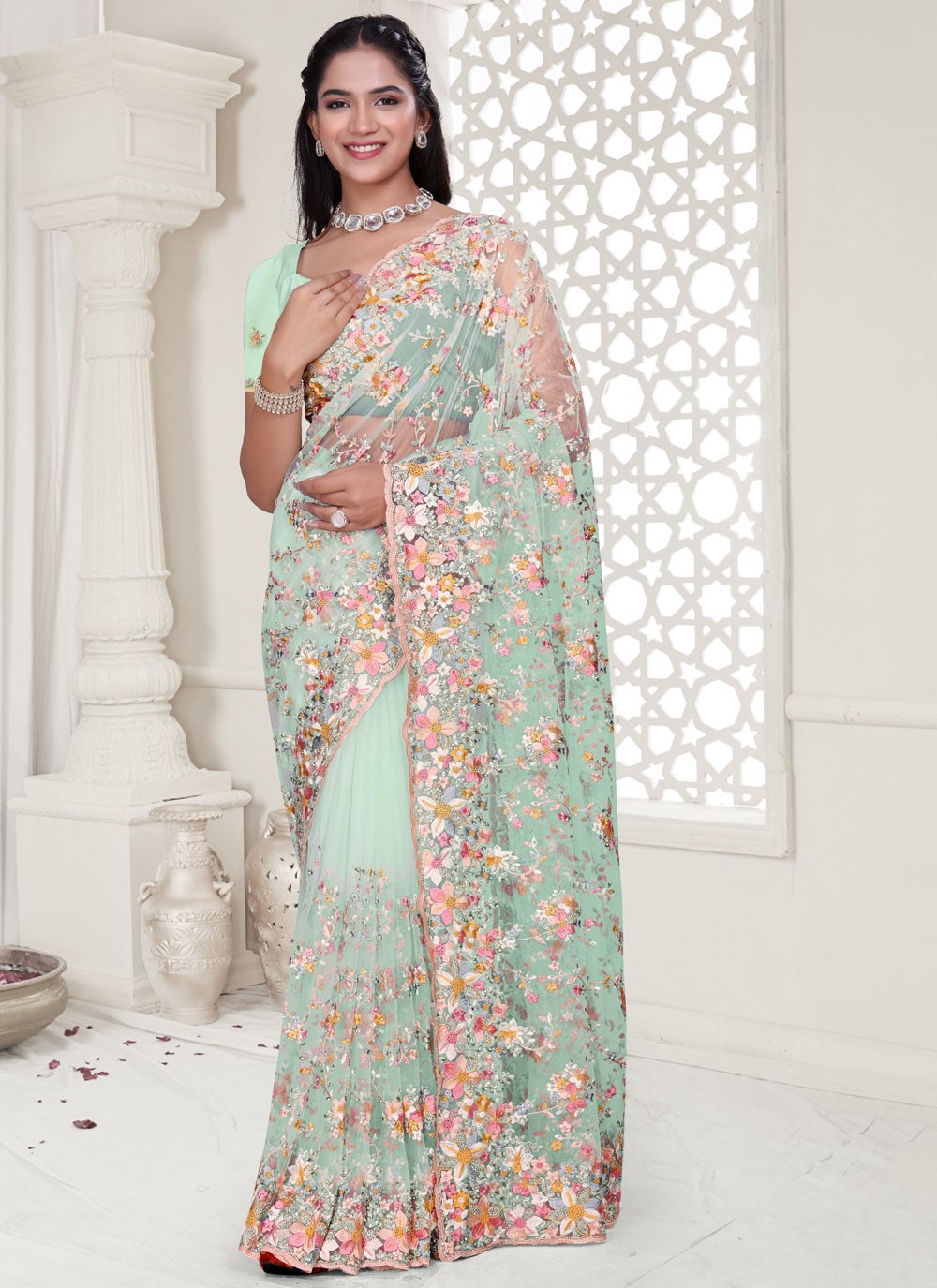 Sea Green Net Classic Saree Cut Work, Embroidered, Resham, Stones, Zircon S17808