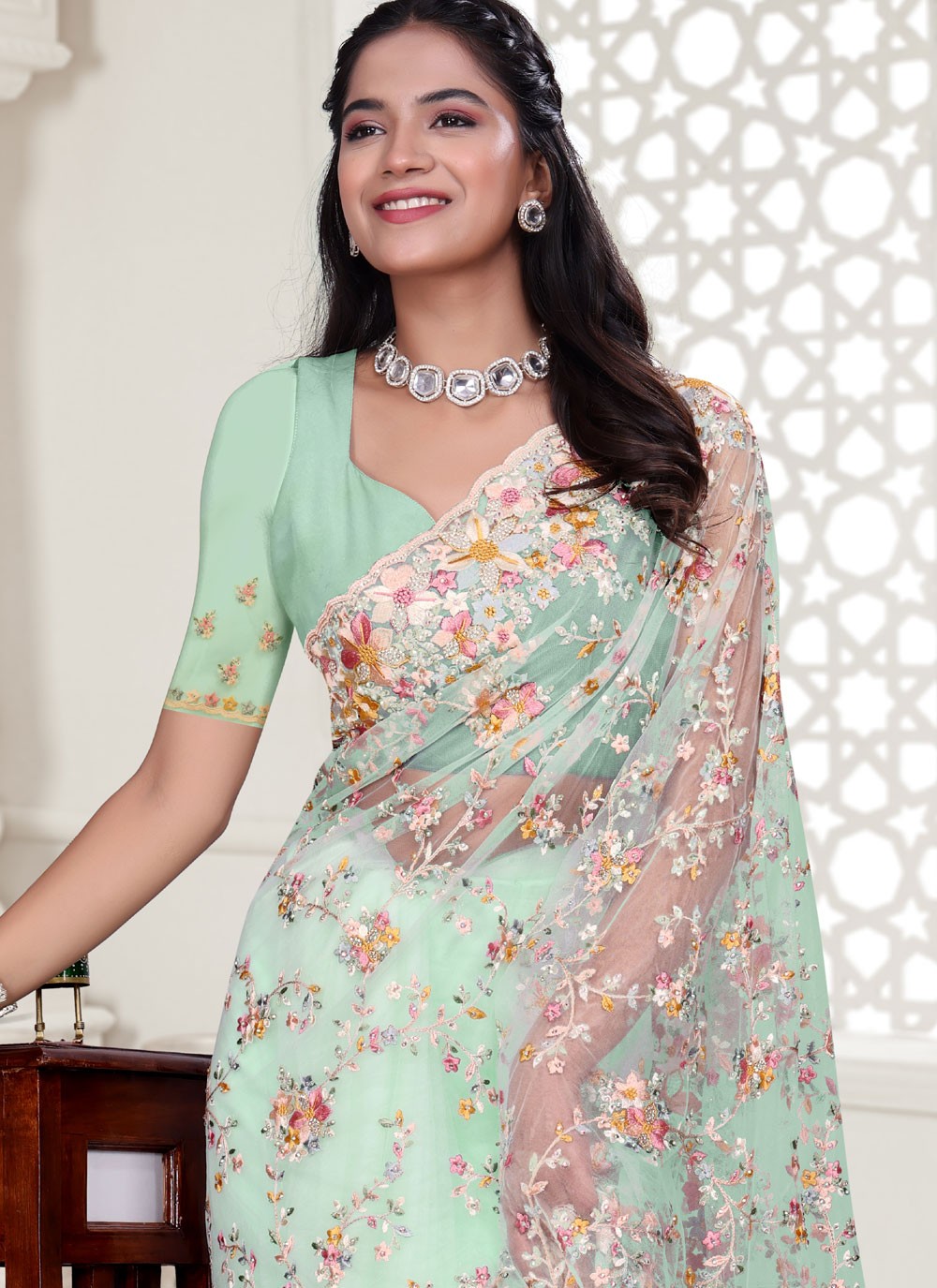 Sea Green Net Classic Saree Cut Work, Embroidered, Resham, Stones, Zircon S17808