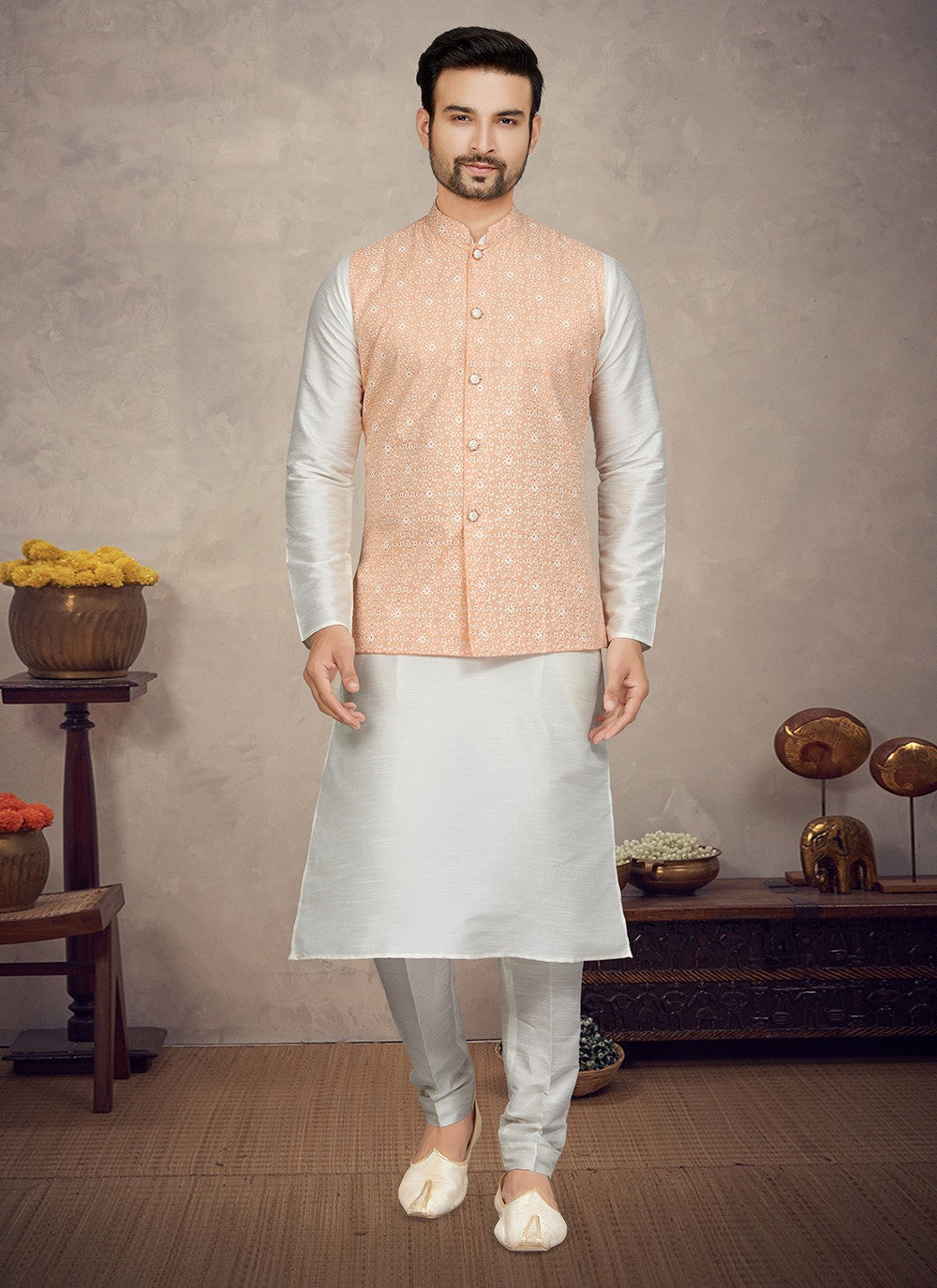 Digital Print Art Silk Off White, Peach Kurta Payjama With Jacket - M5850