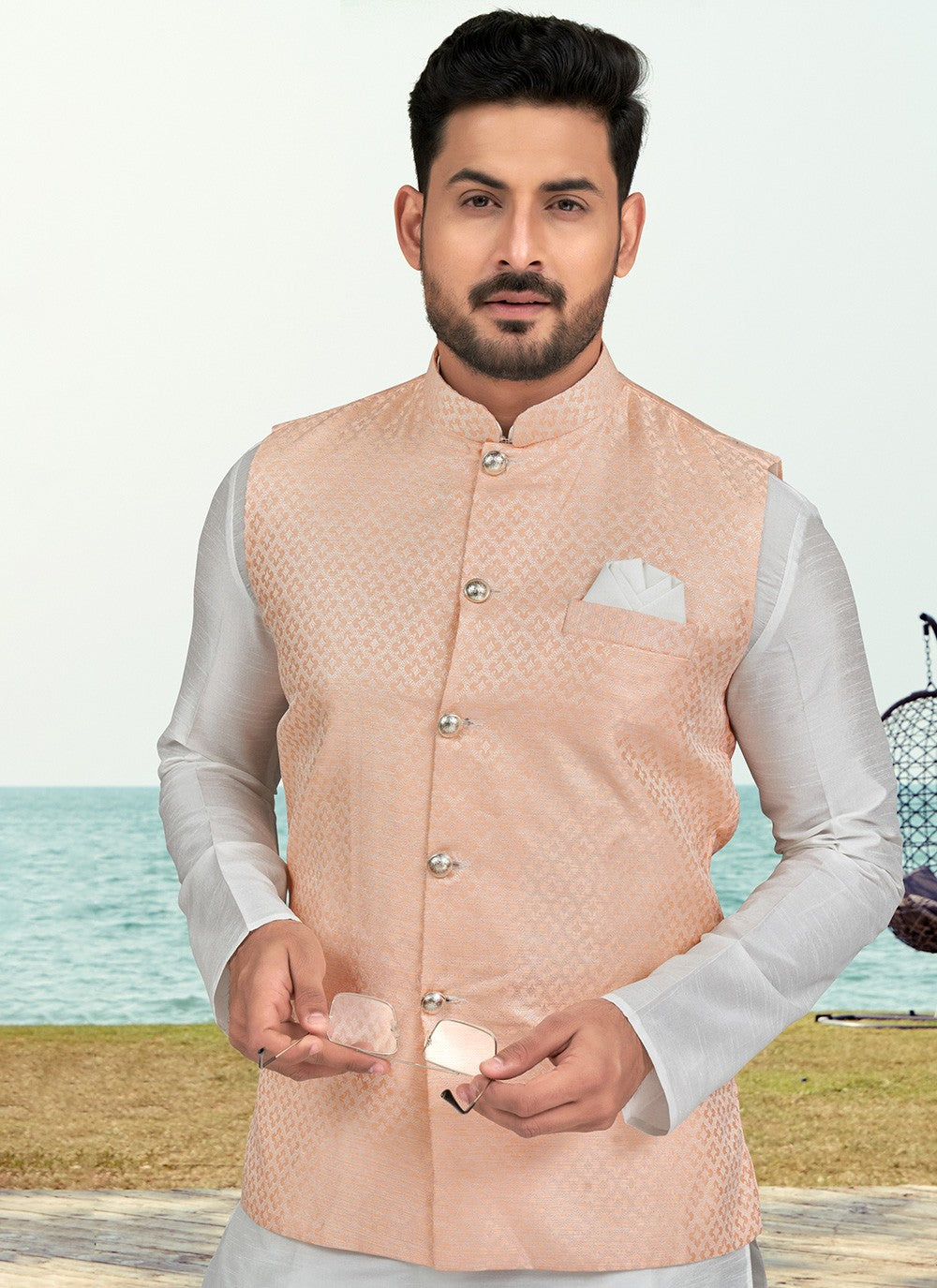 Jacquard Work Banarasi Silk, Dupion Silk Off White, Peach Kurta Payjama With Jacket - M6585