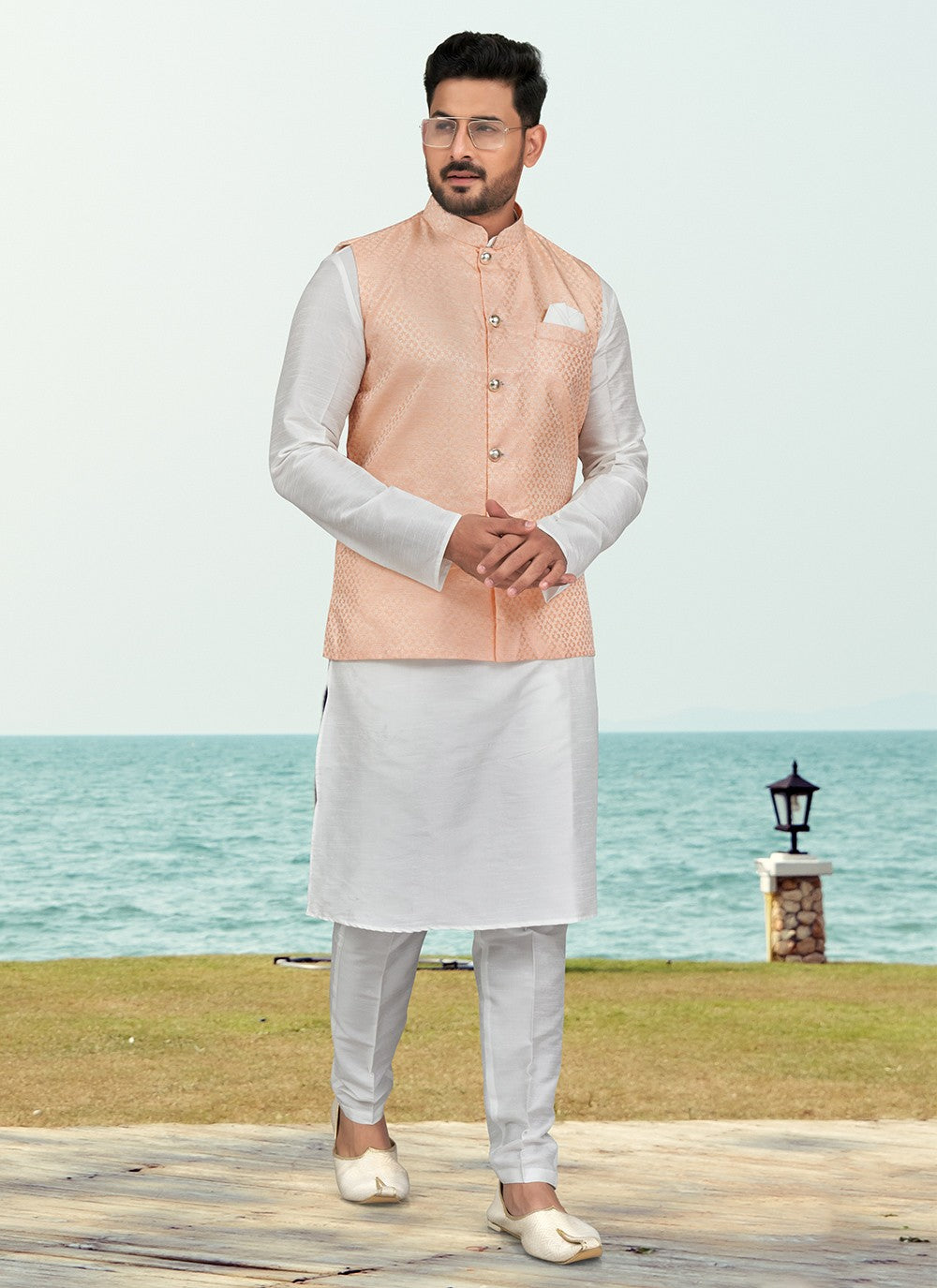 Jacquard Work Banarasi Silk, Dupion Silk Off White, Peach Kurta Payjama With Jacket - M6585