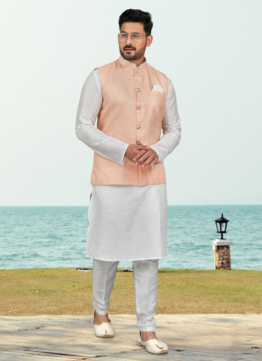 Jacquard Work Banarasi Silk, Dupion Silk Off White, Peach Kurta Payjama With Jacket - M6585