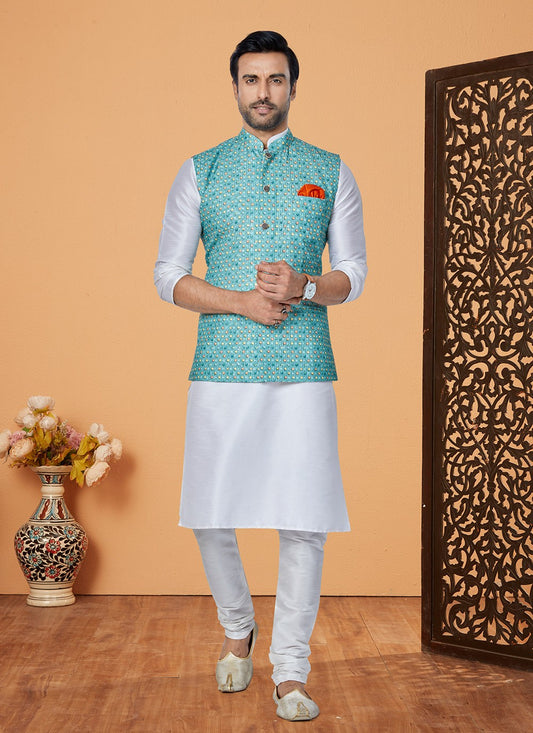 Embroidered Banarasi Silk, Polyester Off White, Rama Kurta Payjama With Jacket - M5545