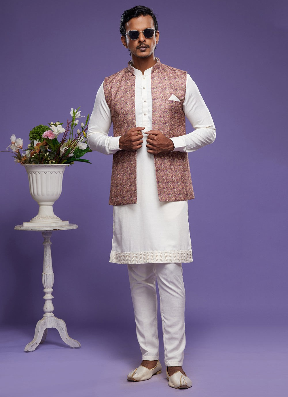 Digital Print Banarasi Silk Off White, Rust Kurta Payjama With Jacket - M6078