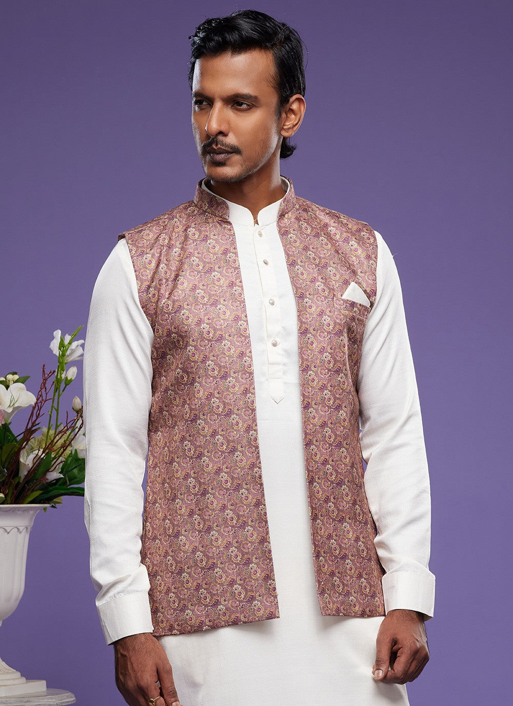 Digital Print Banarasi Silk Off White, Rust Kurta Payjama With Jacket - M6078