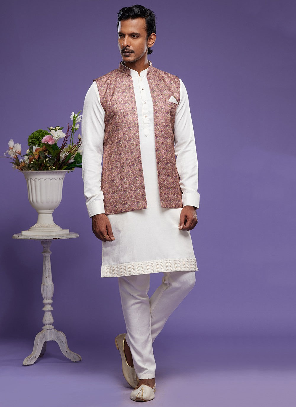 Digital Print Banarasi Silk Off White, Rust Kurta Payjama With Jacket - M6078