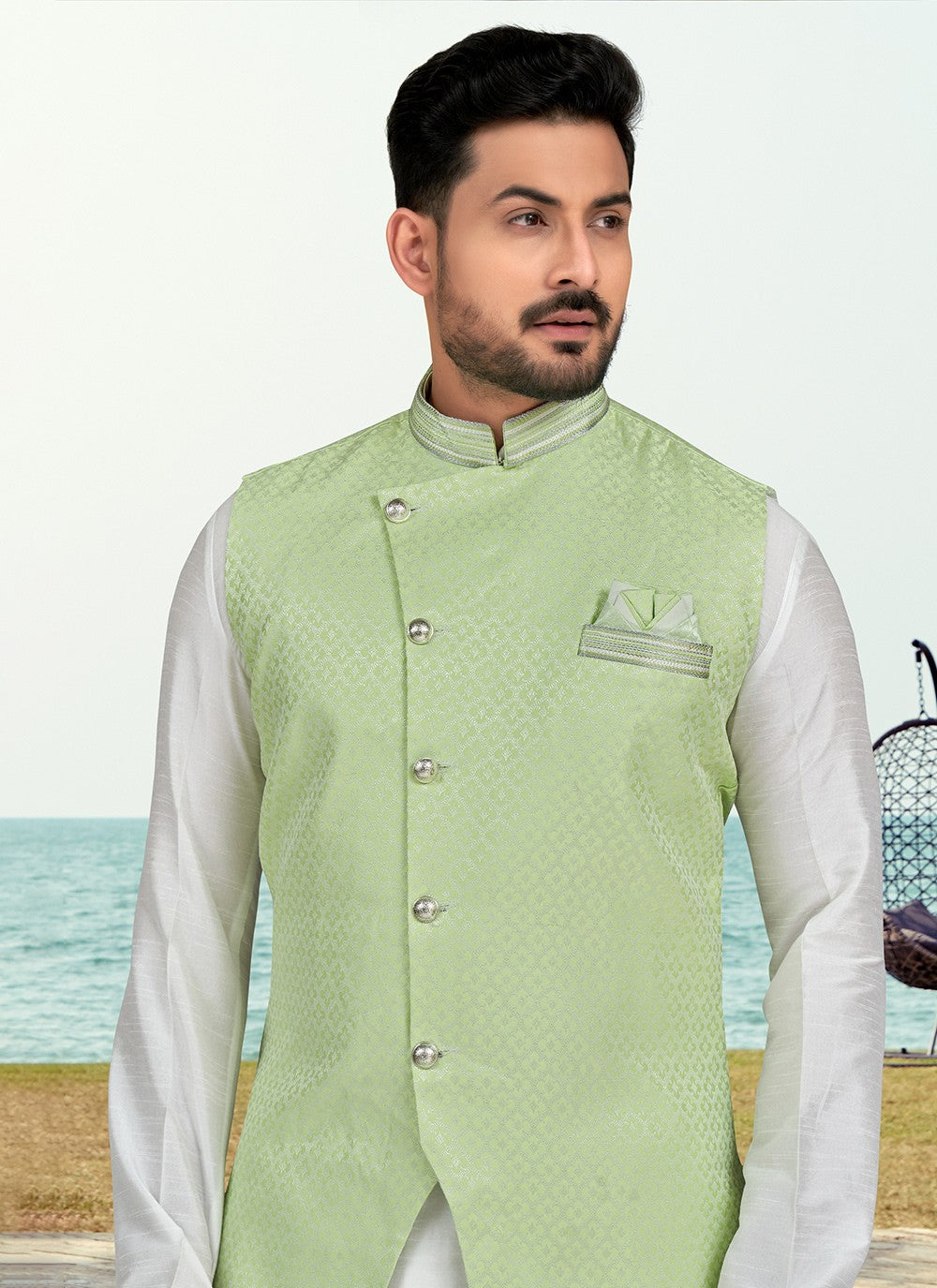 Jacquard Work Banarasi Silk, Dupion Silk Off White, Sea Green Kurta Payjama With Jacket - M6584