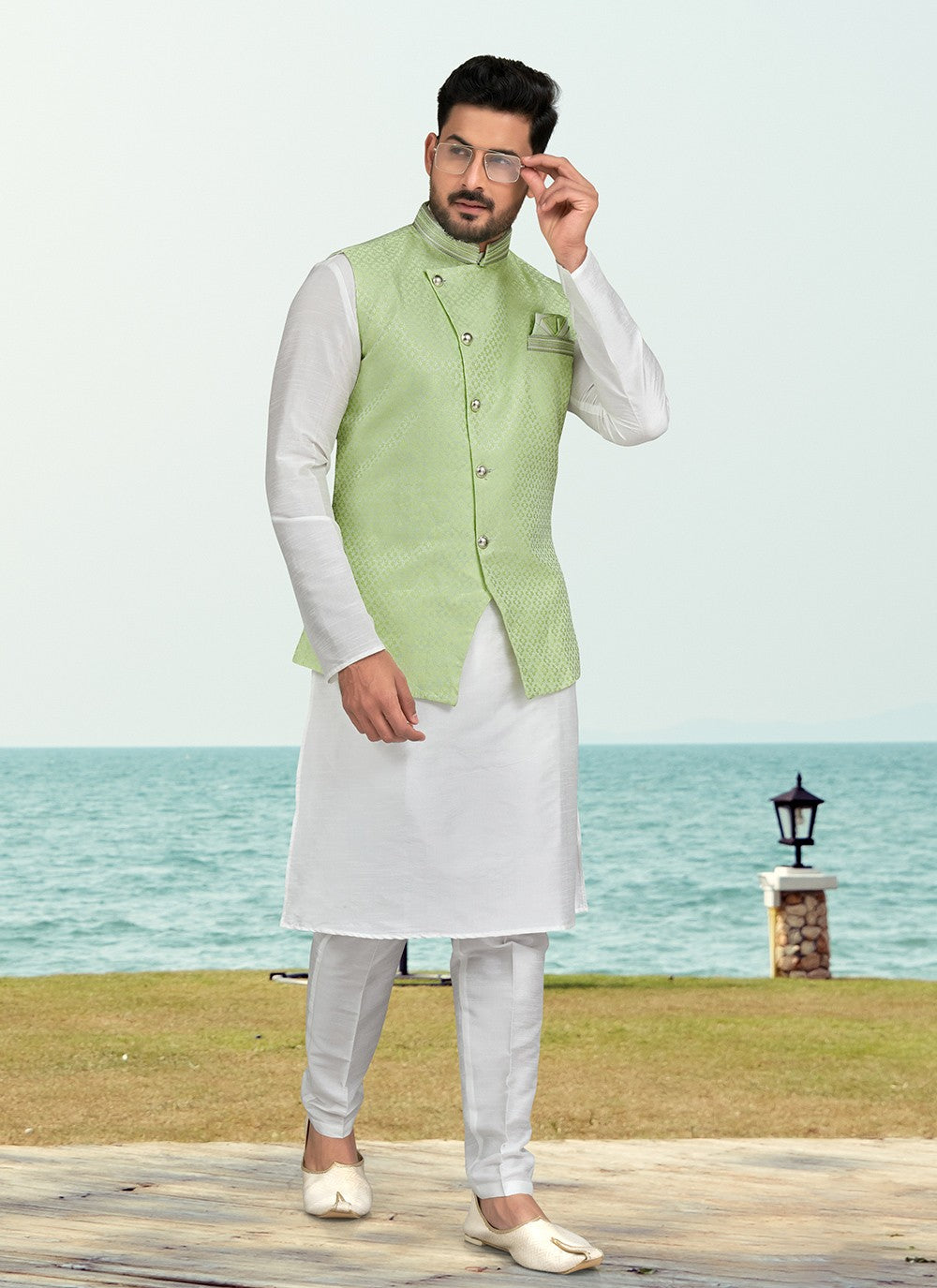 Jacquard Work Banarasi Silk, Dupion Silk Off White, Sea Green Kurta Payjama With Jacket - M6584