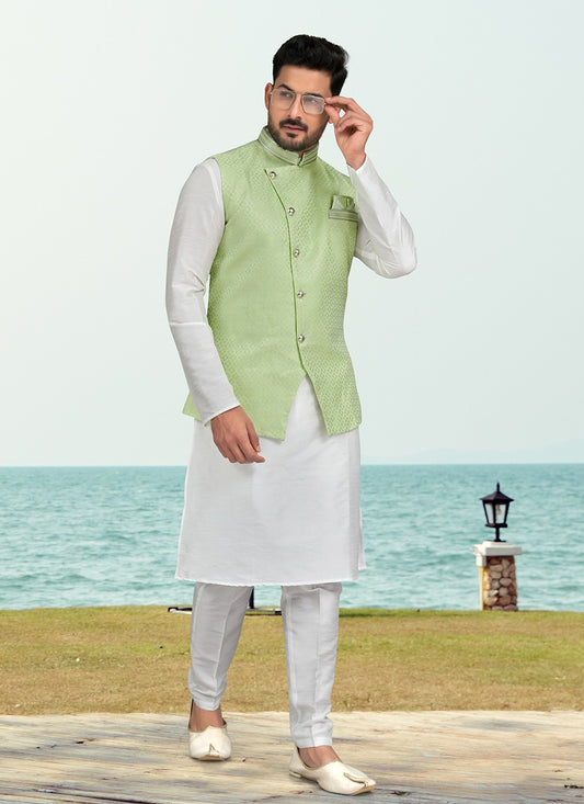Jacquard Work Banarasi Silk, Dupion Silk Off White, Sea Green Kurta Payjama With Jacket - M6584
