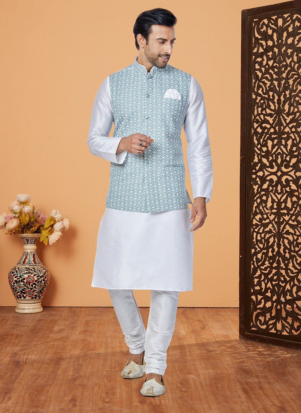 Fancy Work Banarasi Silk Off White, Turquoise Kurta Payjama With Jacket - M5309