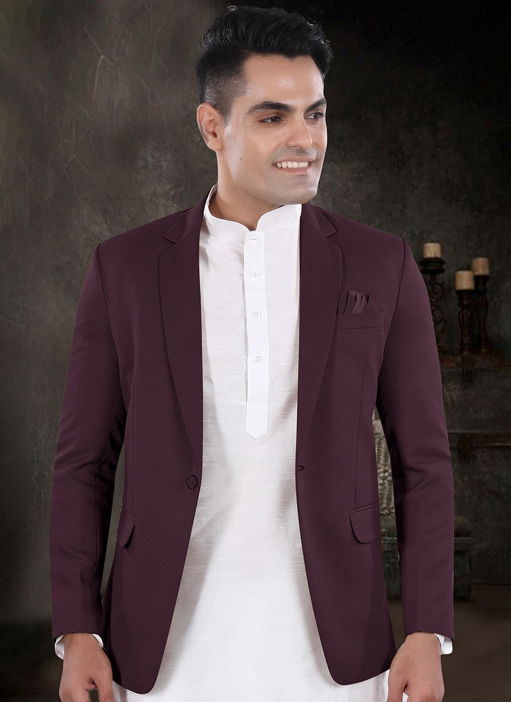 Plain Silk, Viscose Off White, Wine Kurta Payjama With Jacket - M8157