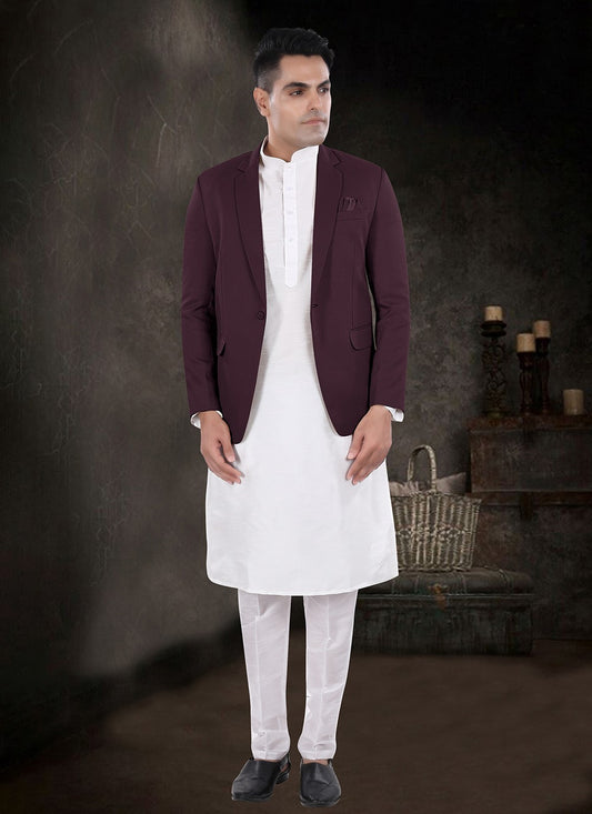 Plain Silk, Viscose Off White, Wine Kurta Payjama With Jacket - M8157
