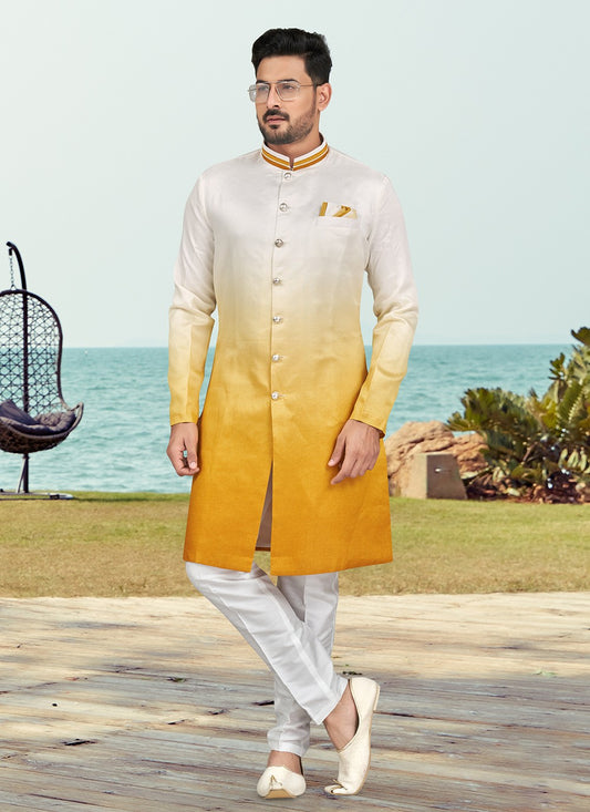 Buttons Silk Off White, Yellow Indo Western - M6603